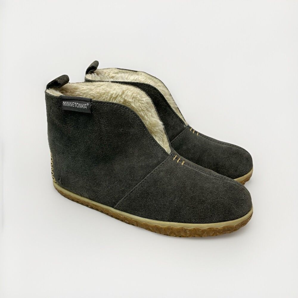 Minnetonka Slipper Boots Womens Sz 6 Tucson Charcoal Gray Leather Faux Shearling